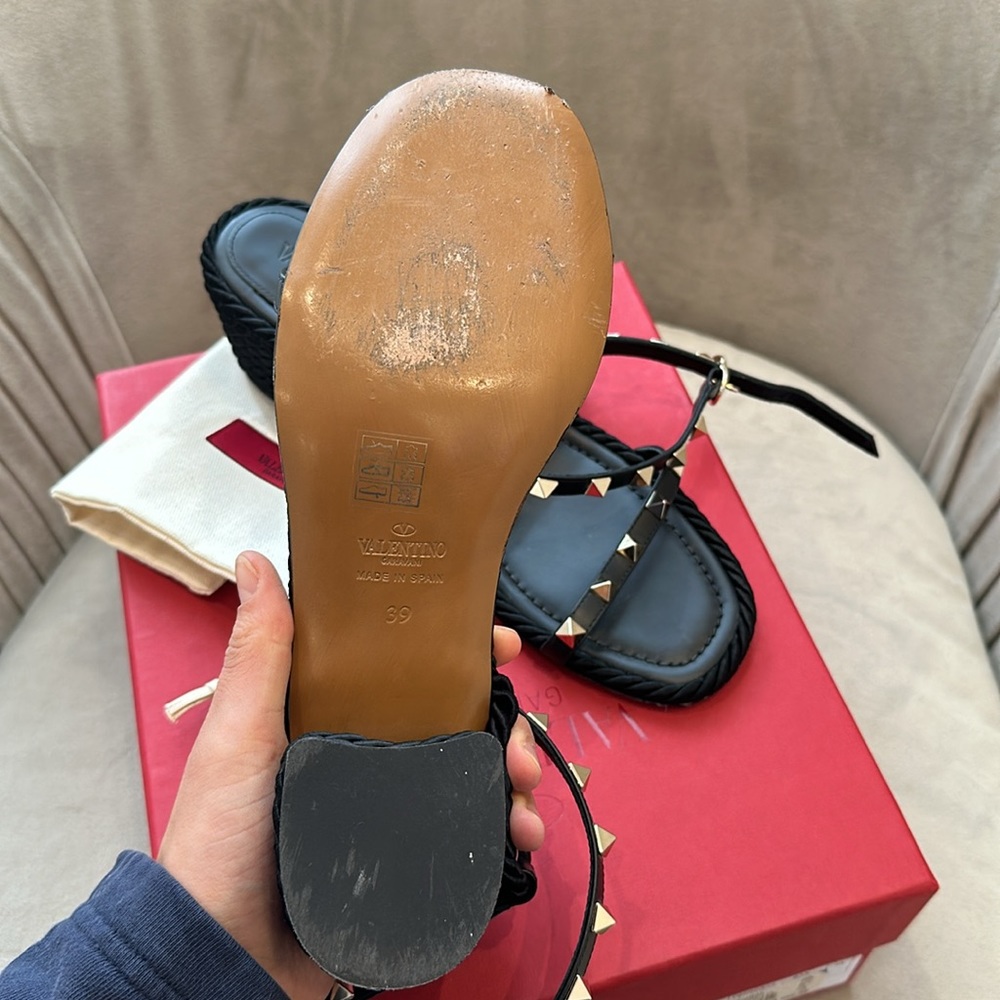 Valentino Garvani Rockstud Leather Rope Ankle Strap Sandals 65 MM Heel Black 39 - Picture 5 of 16